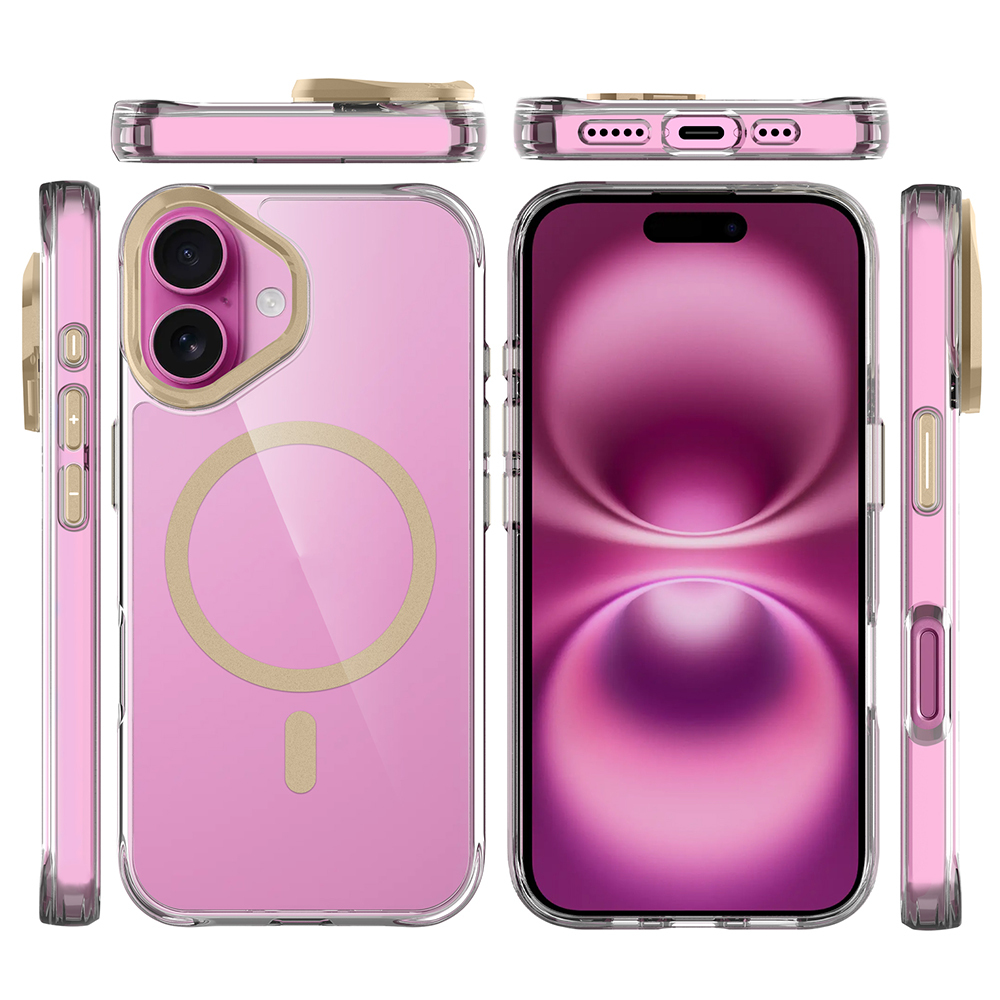 Kameralı, manyetik halkalı ve bağlantı noktalarına sahip pembe telefon kılıfı çeşitli açılardan.