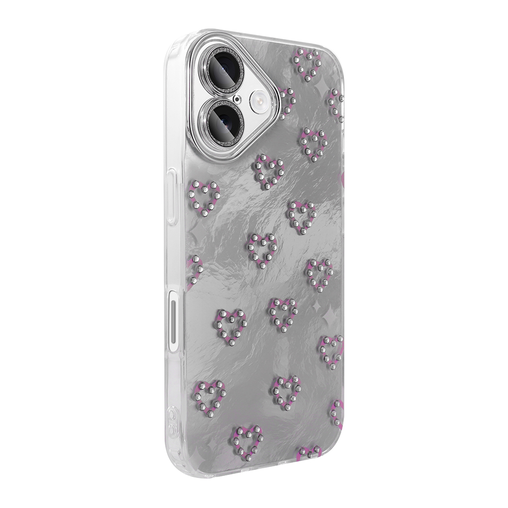Gümüş kalp desenli ve pembe aksanlı şeffaf telefon kılıfı.