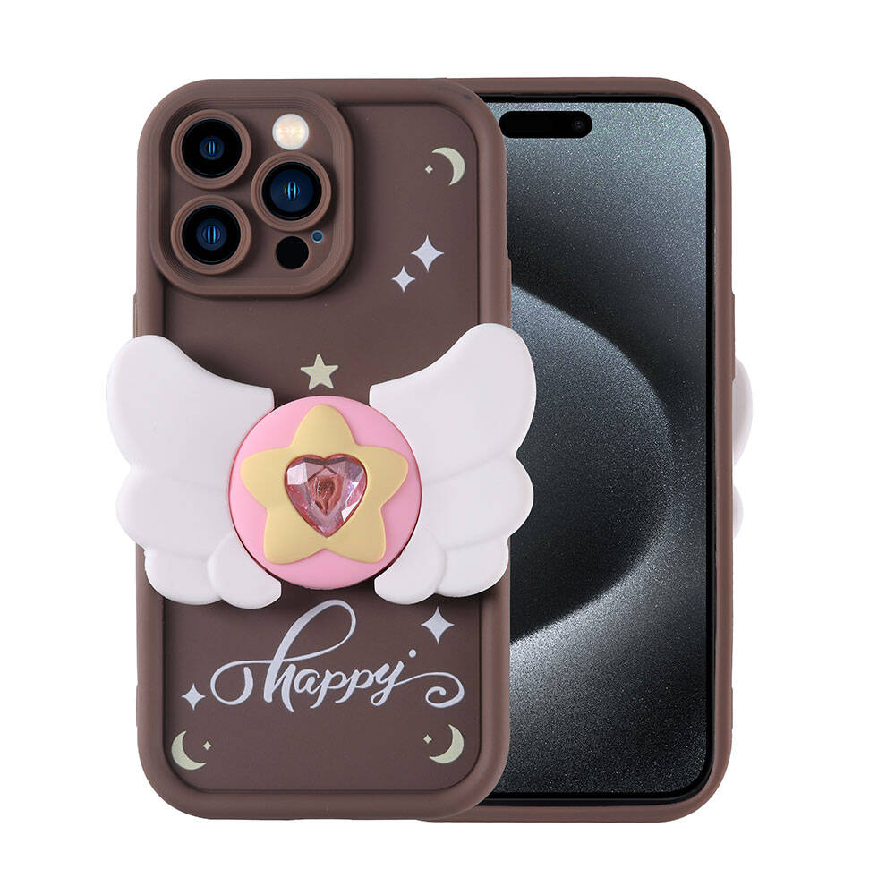 Kanatlı, kalp ve "Happy" yazılı kahverengi telefon kılıfı.