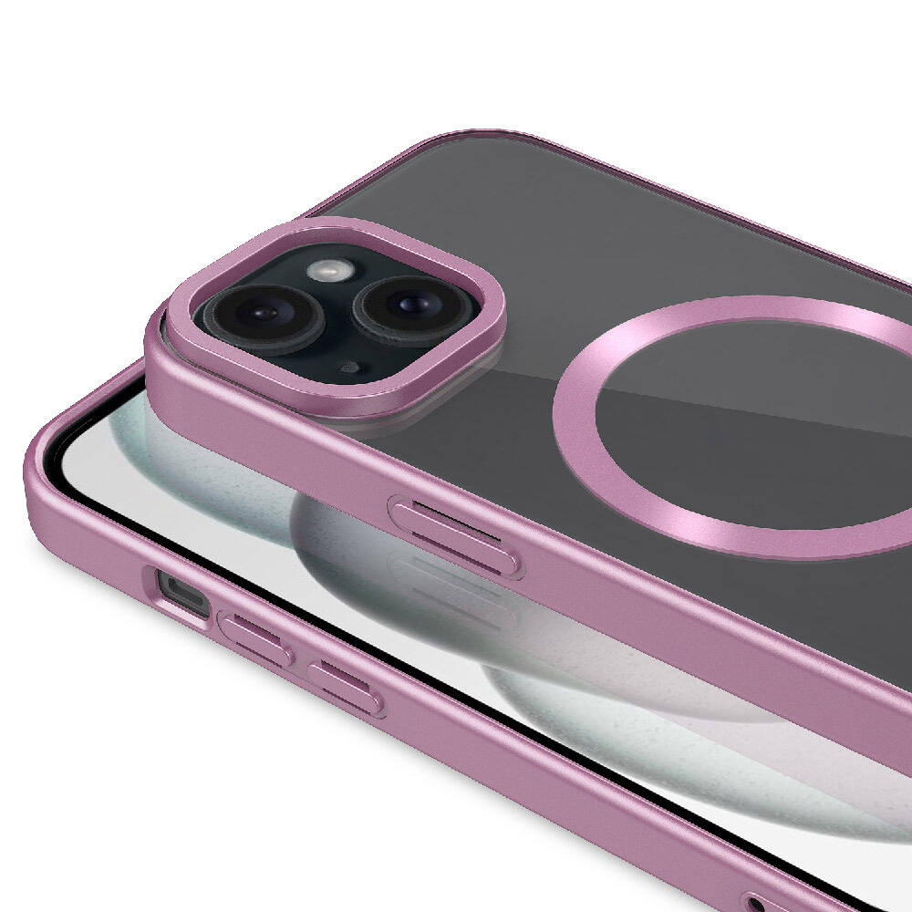 Kamera ve halka detaylı pembe telefon kılıfı, yakın çekim.