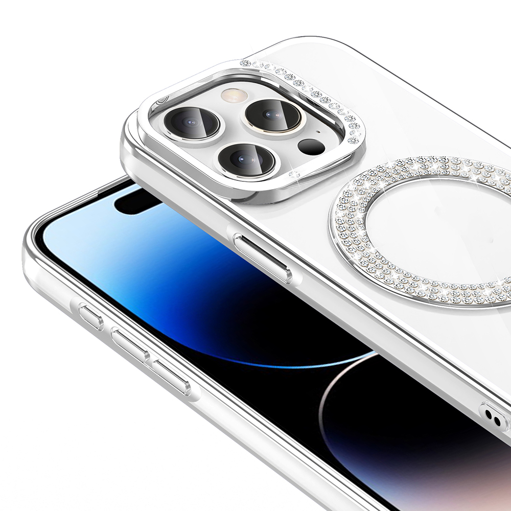Gümüş aksanlı ve taşlı şeffaf telefon kılıfı.