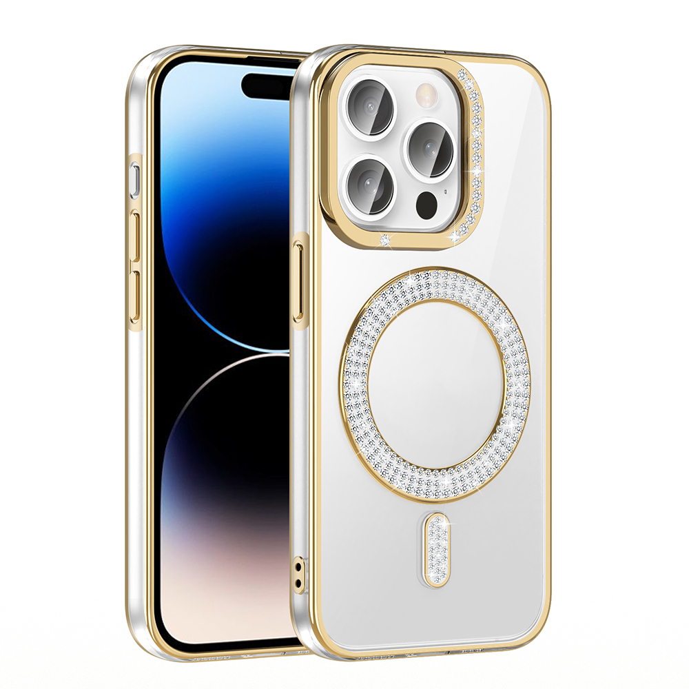Elmaslı altın ve şeffaf iPhone kılıfı telefonun arkasını kaplar.