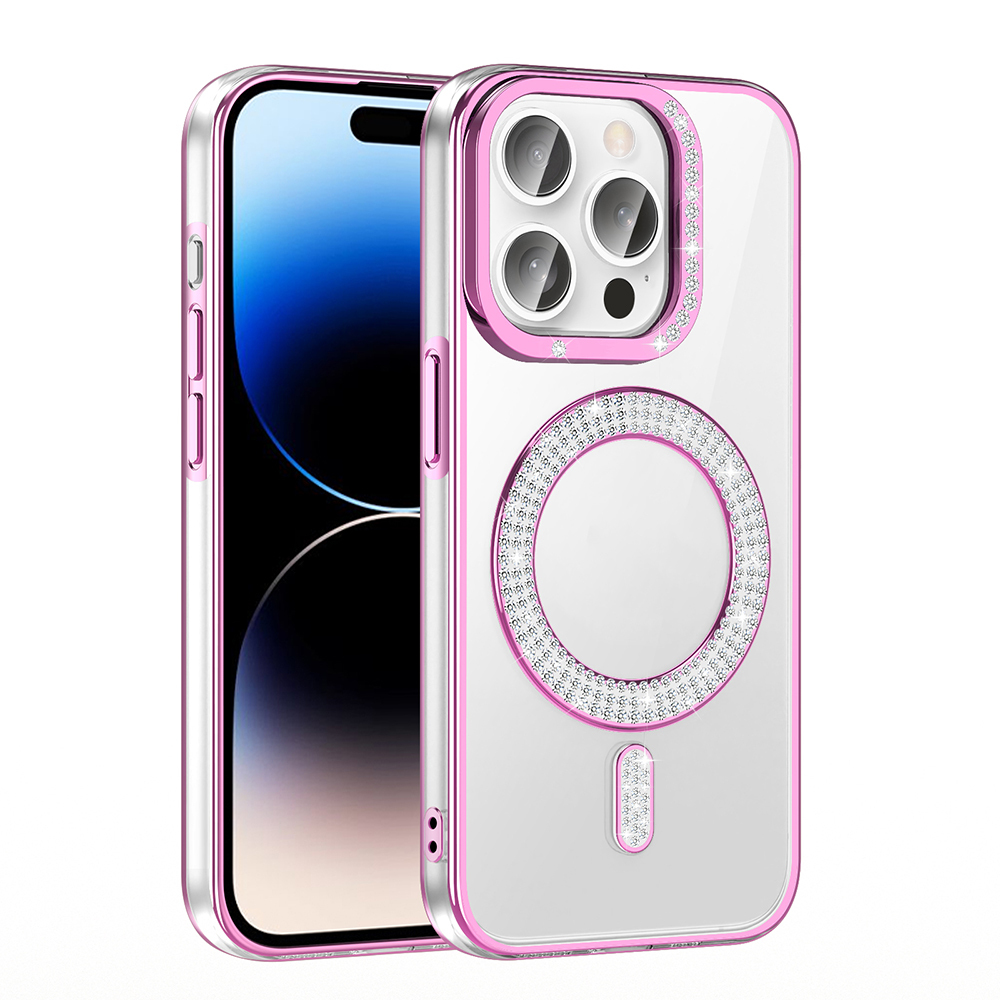 Bir iPhone üzerinde parlak pembe bir iPhone kılıfı.