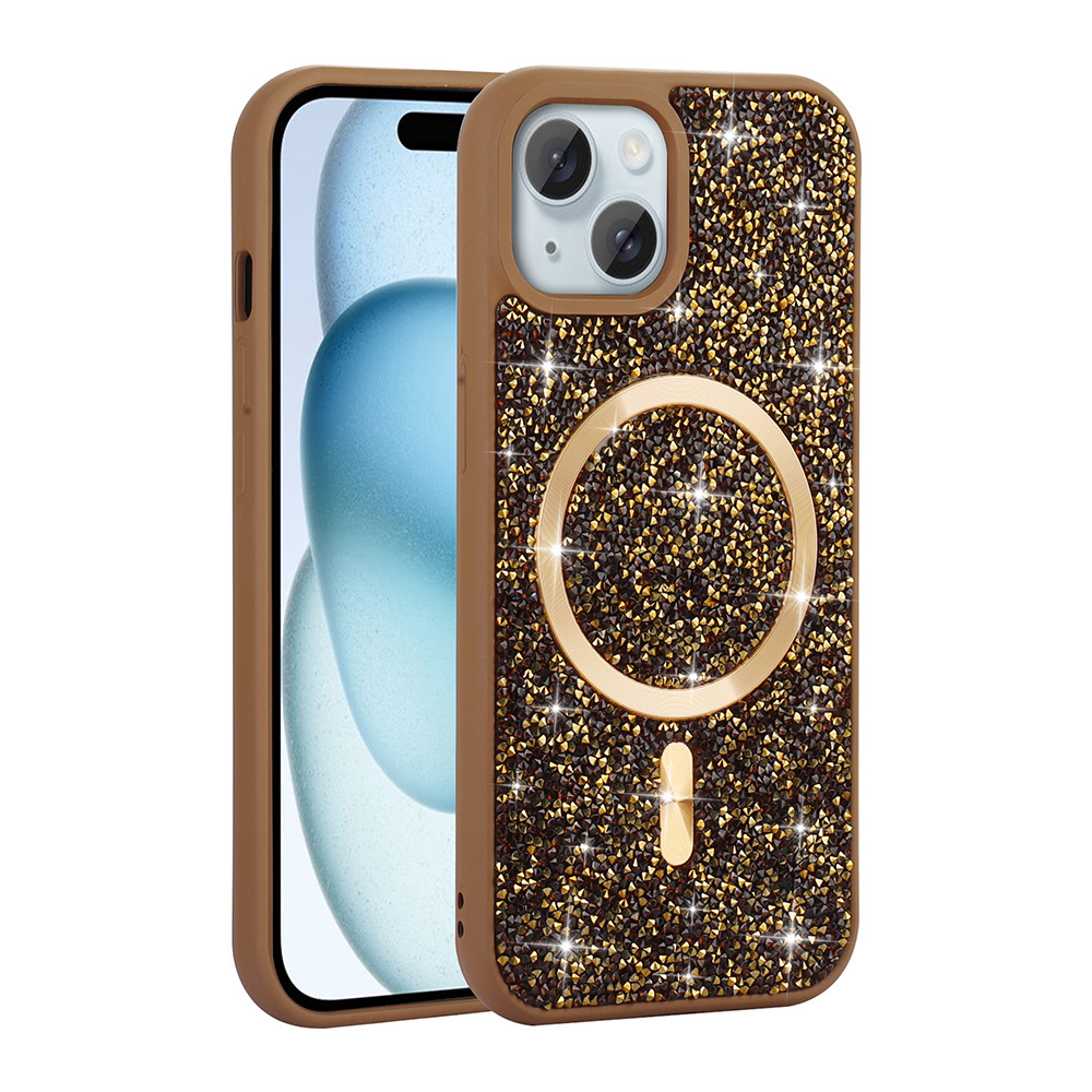 Altın manyetik halkalı, koyu, ışıltılı kristallerle kaplı kahverengi iPhone kılıfı.
