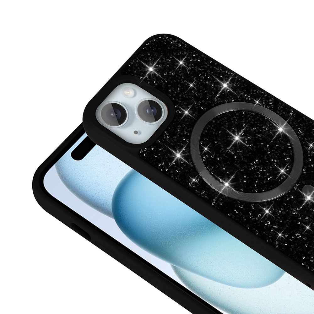 Telefon üzerine yerleştirilmiş, simli ve MagSafe halkalı siyah telefon kılıfı.