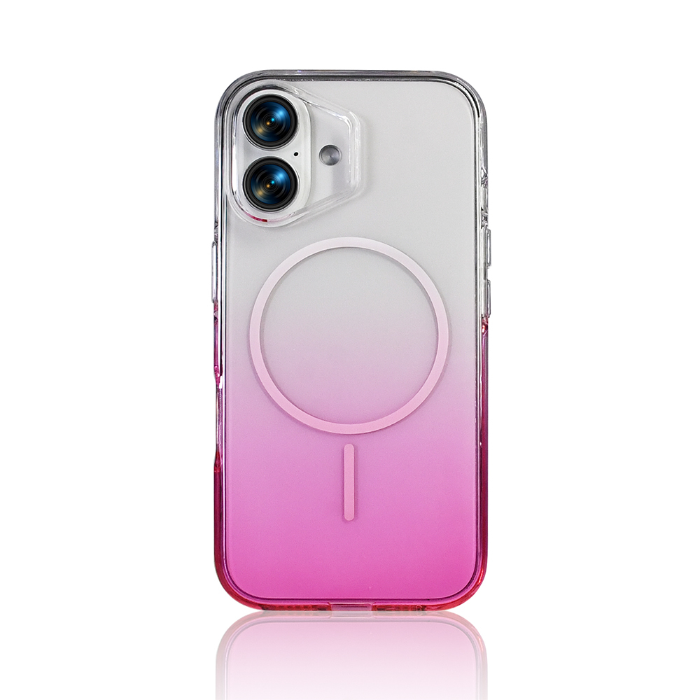 Pembe degrade, kamera ve şarj dairesi bulunan şeffaf telefon kılıfı.