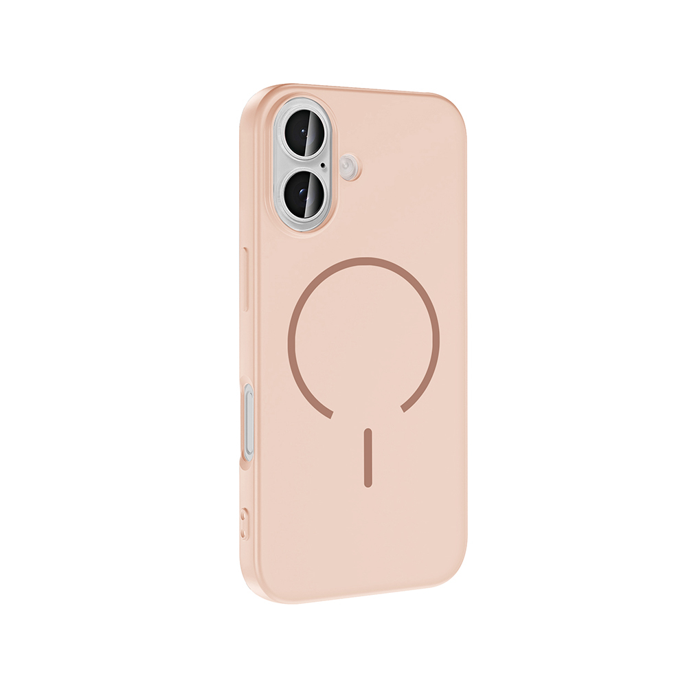 İki kameralı ve dairesel manyetik halka sembollü pembe iPhone kılıfı.