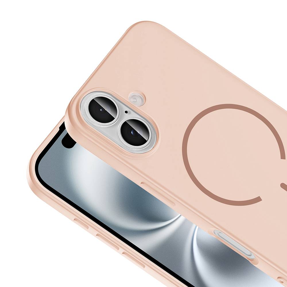 İki kamera lensli ve dairesel desenli açık pembe telefon kılıfı.
