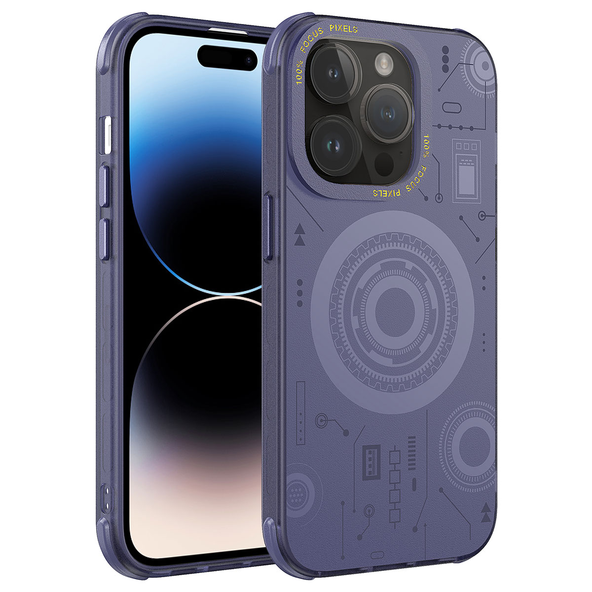Teknolojik tasarımlı koyu mor iPhone kılıfı telefonun yanında duruyor.