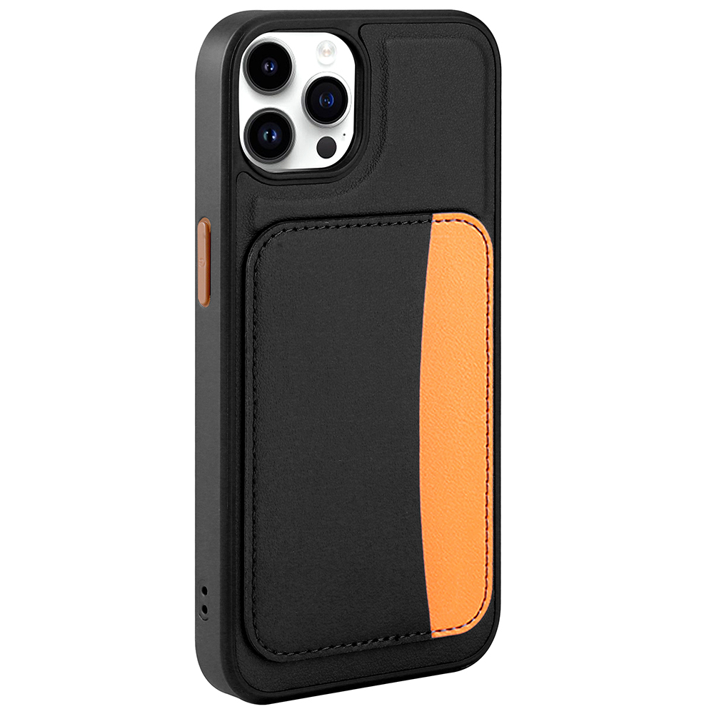 Turuncu şeritli ve kart yuvalı siyah telefon kılıfı.