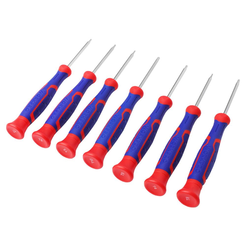 Kırmızı saplı ve mavi ek parçalı altı Torx tornavida.