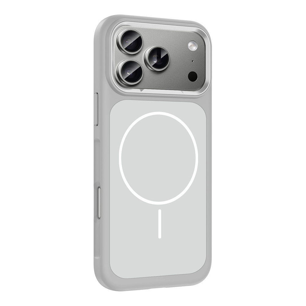 Üç kamera lensli ve dairesel manyetik halkalı gri telefon kılıfı.