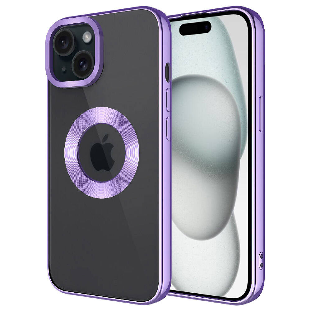 Şeffaf arka ve kameralı mor iPhone kılıfı.