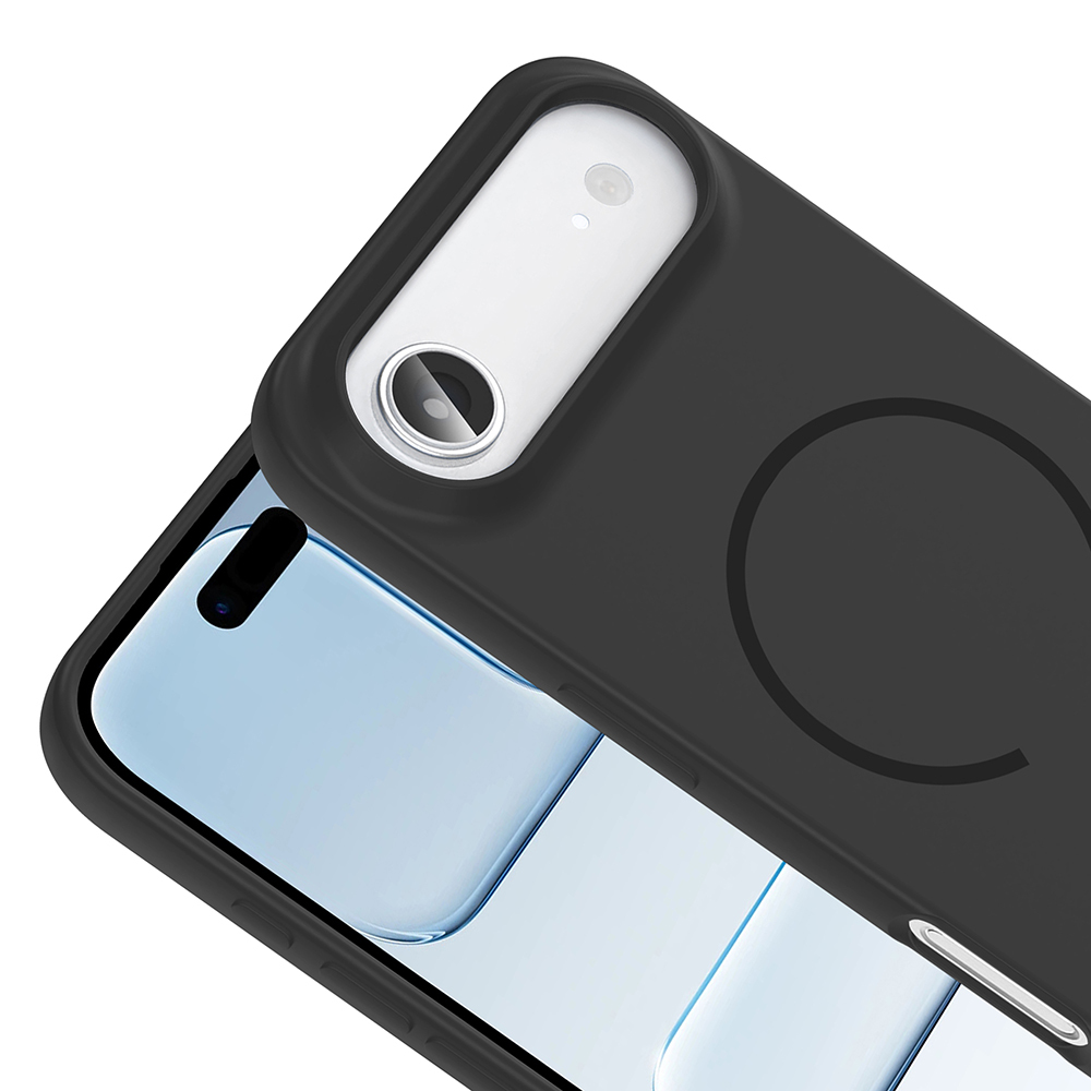 Telefonda kamera modülü ve dairesel tasarıma sahip siyah telefon kılıfı.