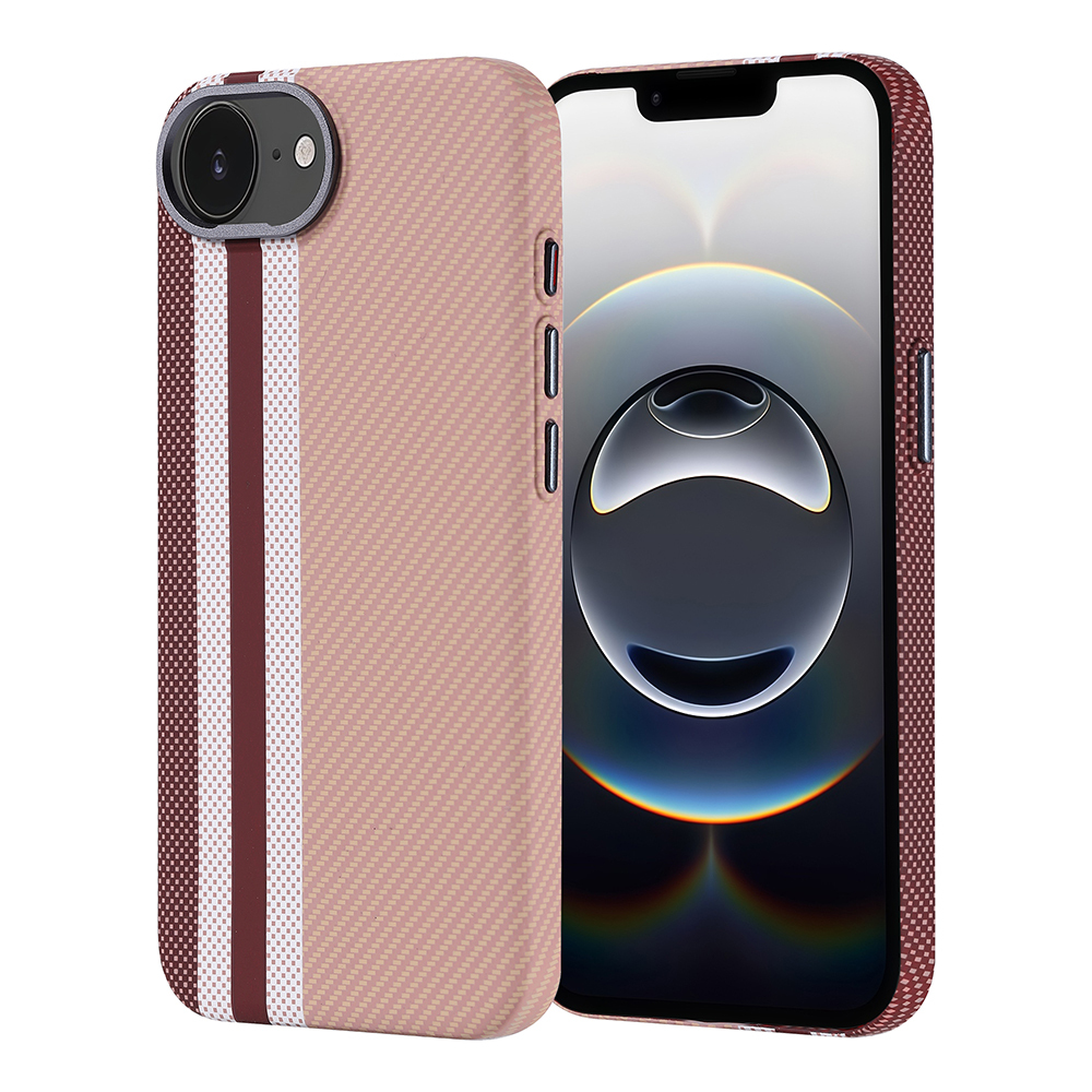 Yanında şeritli pembe telefon kılıfı ve bir akıllı telefon.