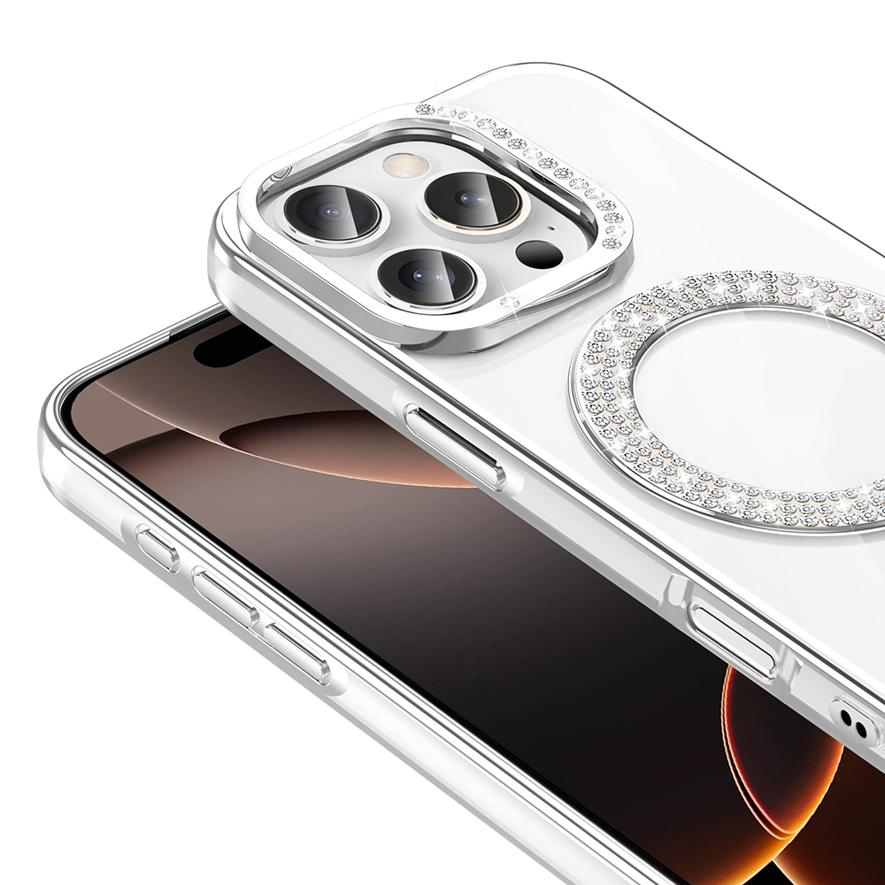 Gümüş kenarlı ve taşlı şeffaf telefon kılıfı.