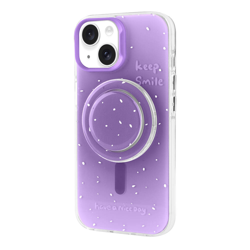 Beyaz noktalı mor telefon kılıfı, kamera ve tutma yeri.