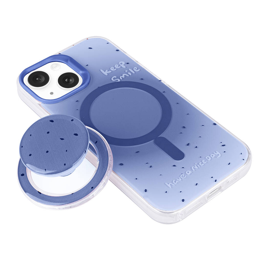 Kamera kesimli ve telefon tutuculu mavi telefon kılıfı.