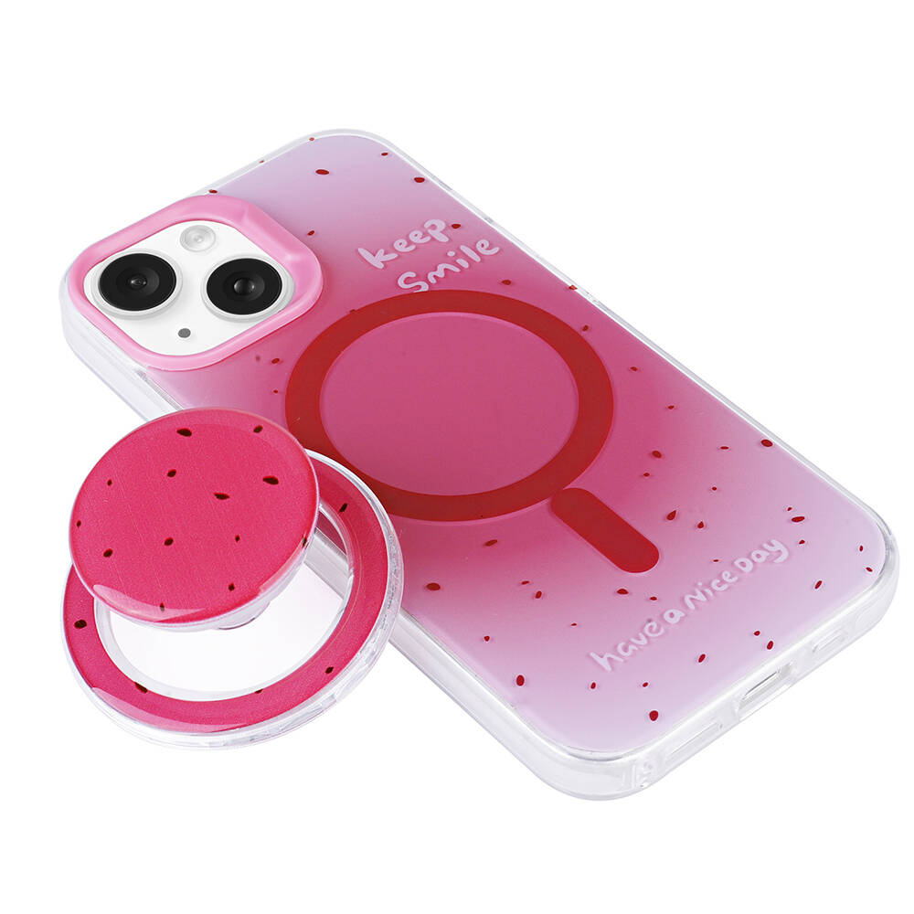 Çilek desenli ve manyetik halkalı pembe telefon kılıfı.