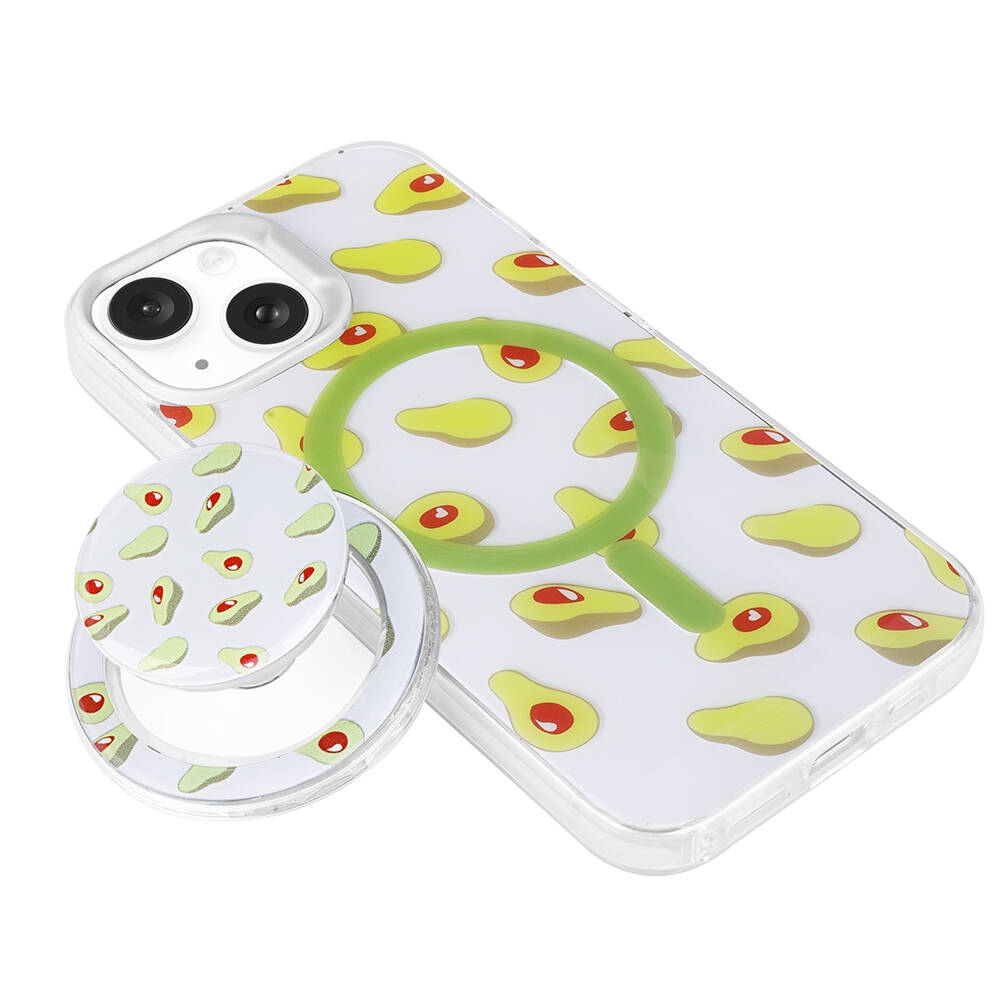 Avokado desenli şeffaf telefon kılıfı ve yuvarlak tutma aparatı.