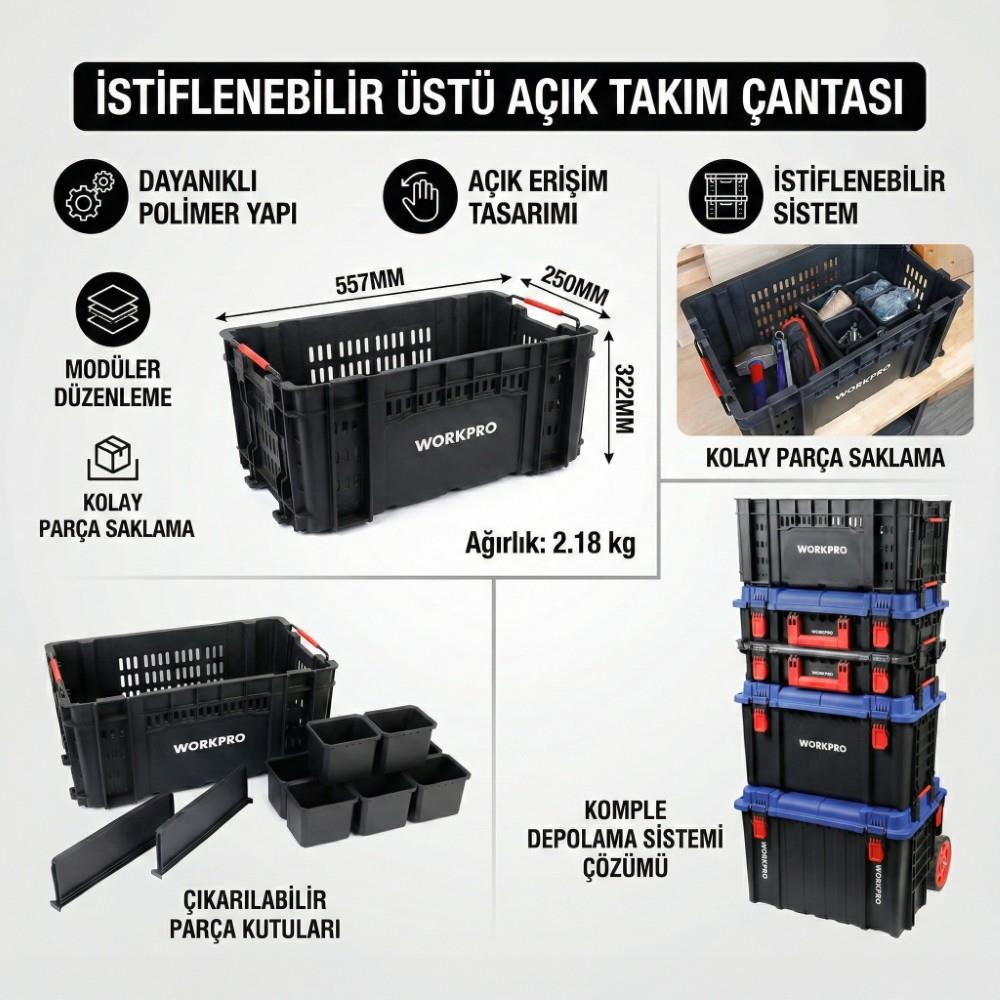 Siyah WORKPRO takım çantaları açık, istiflenmiş ve boyutları gösteriliyor.