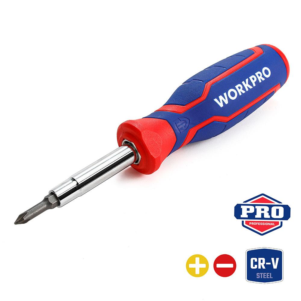 Metal şaftlı ve uçlu mavi ve kırmızı Workpro tornavida.