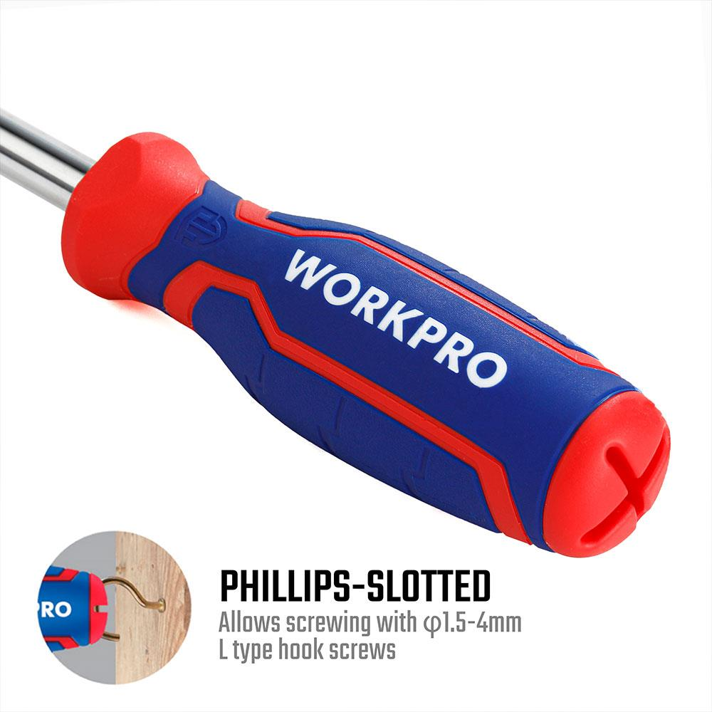 Mavi ve kırmızı WORKPRO tornavida sapı, kanca vidası kullanımını gösteren detaylı.
