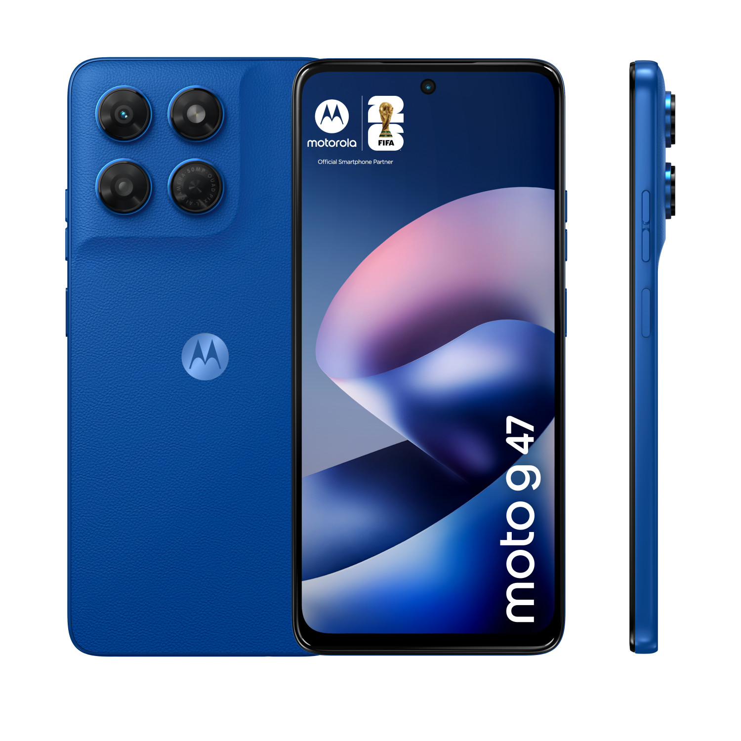 Blaues Motorola-Handy mit Quad-Kameras, FIFA-Logo und Text 'moto g 47'.