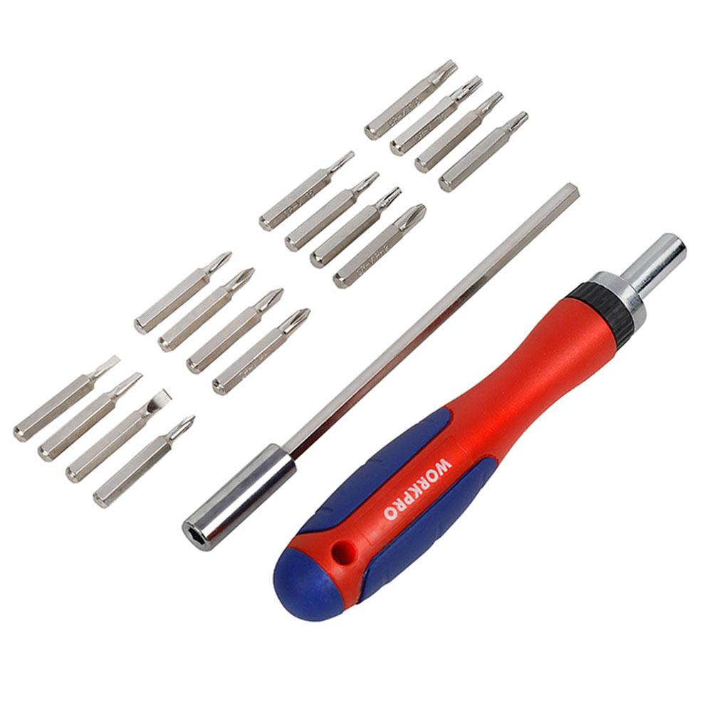 Kırmızı ve mavi saplı, çok sayıda metal uçlu tornavida seti.