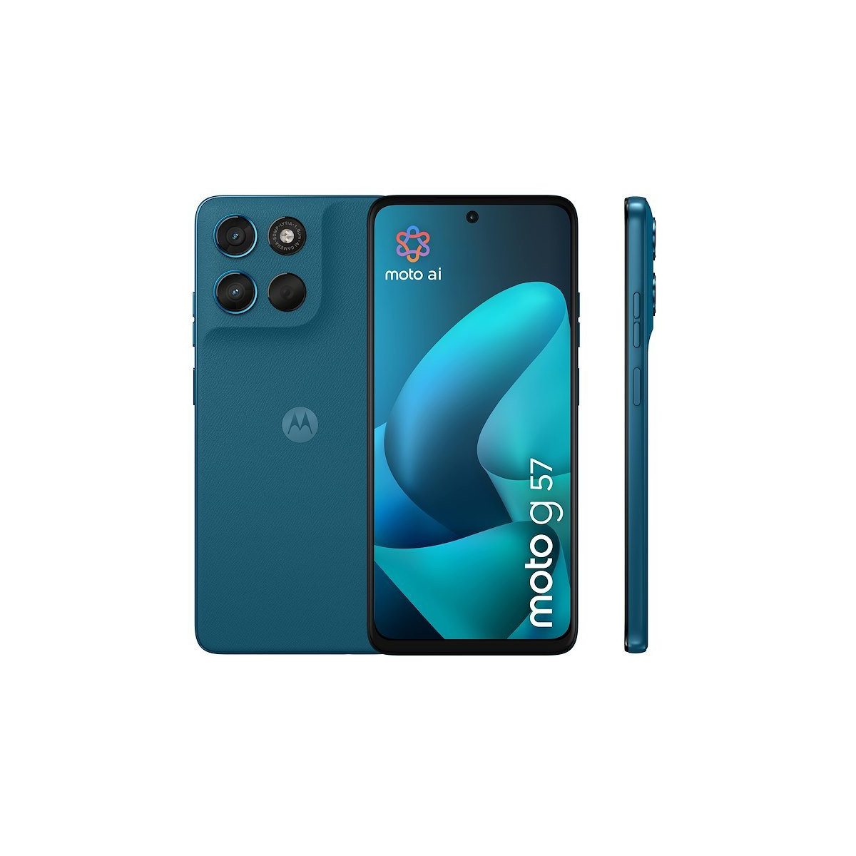 Un telefono Motorola Moto G 57 blu, che mostra retro e lato.