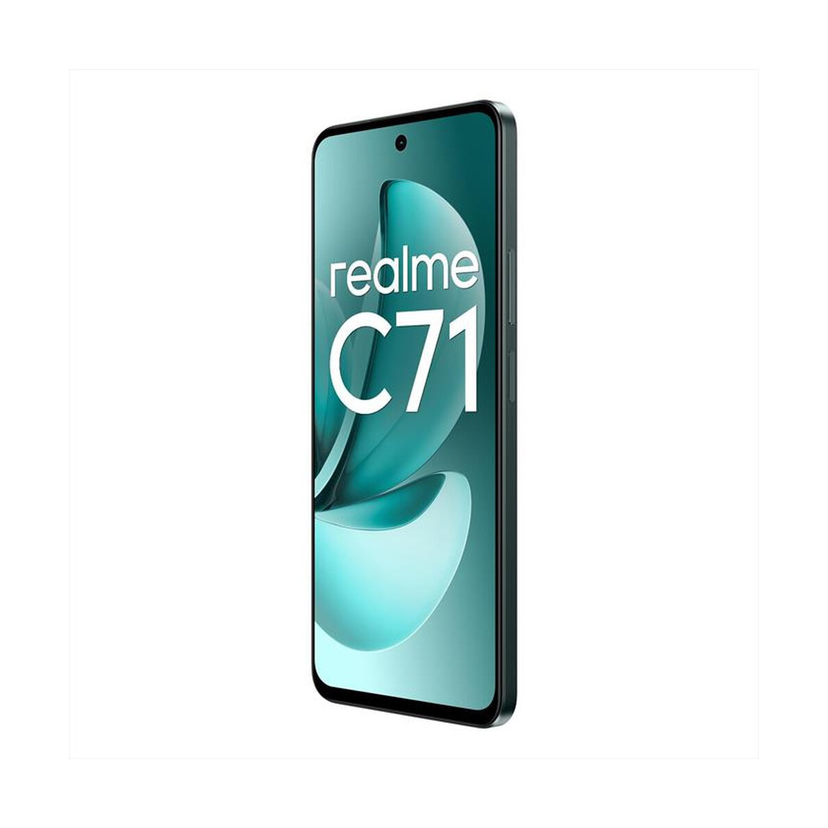 Uno smartphone Realme C71 con sfondo color ottanio.