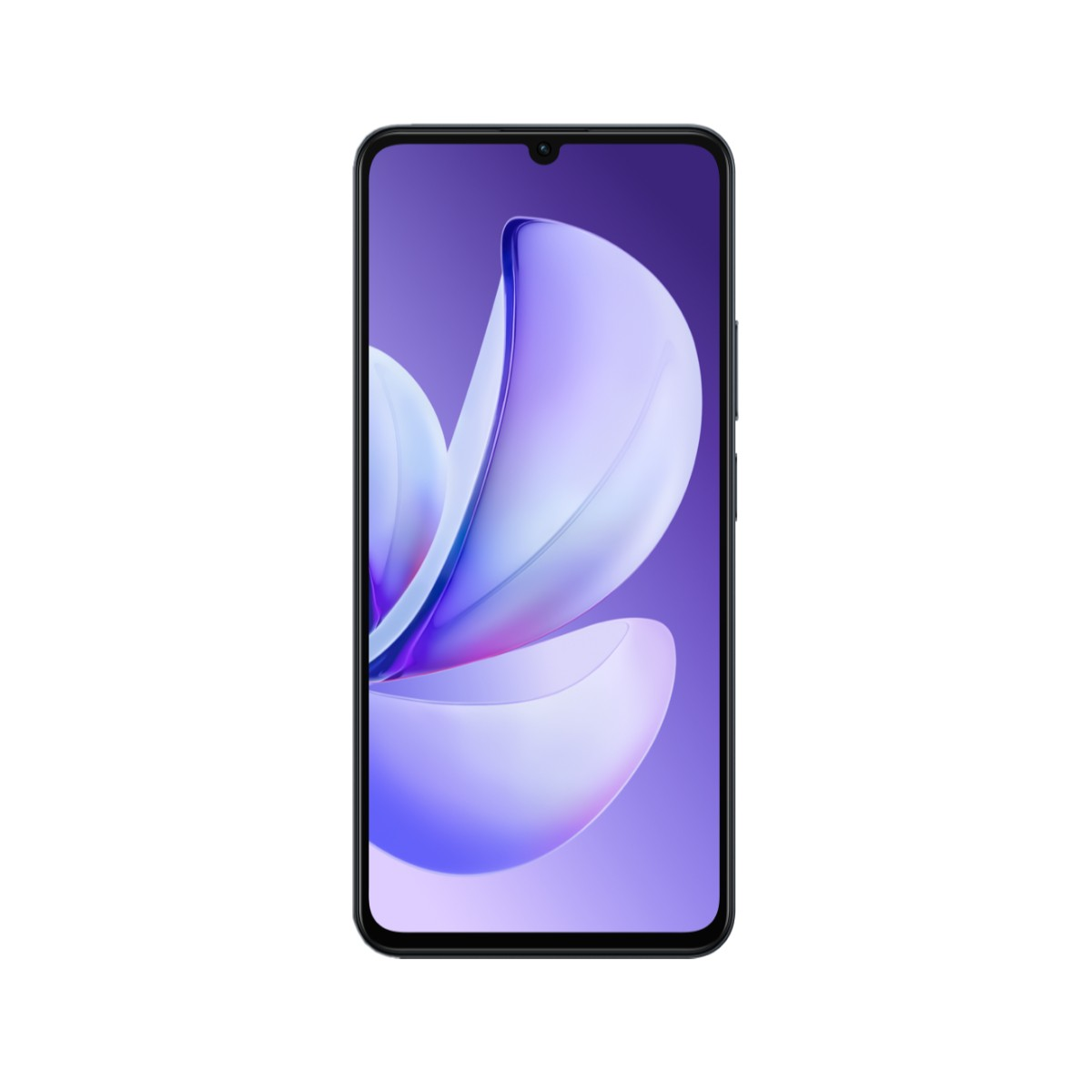 Smartphone scuro con sfondo viola a motivo floreale.