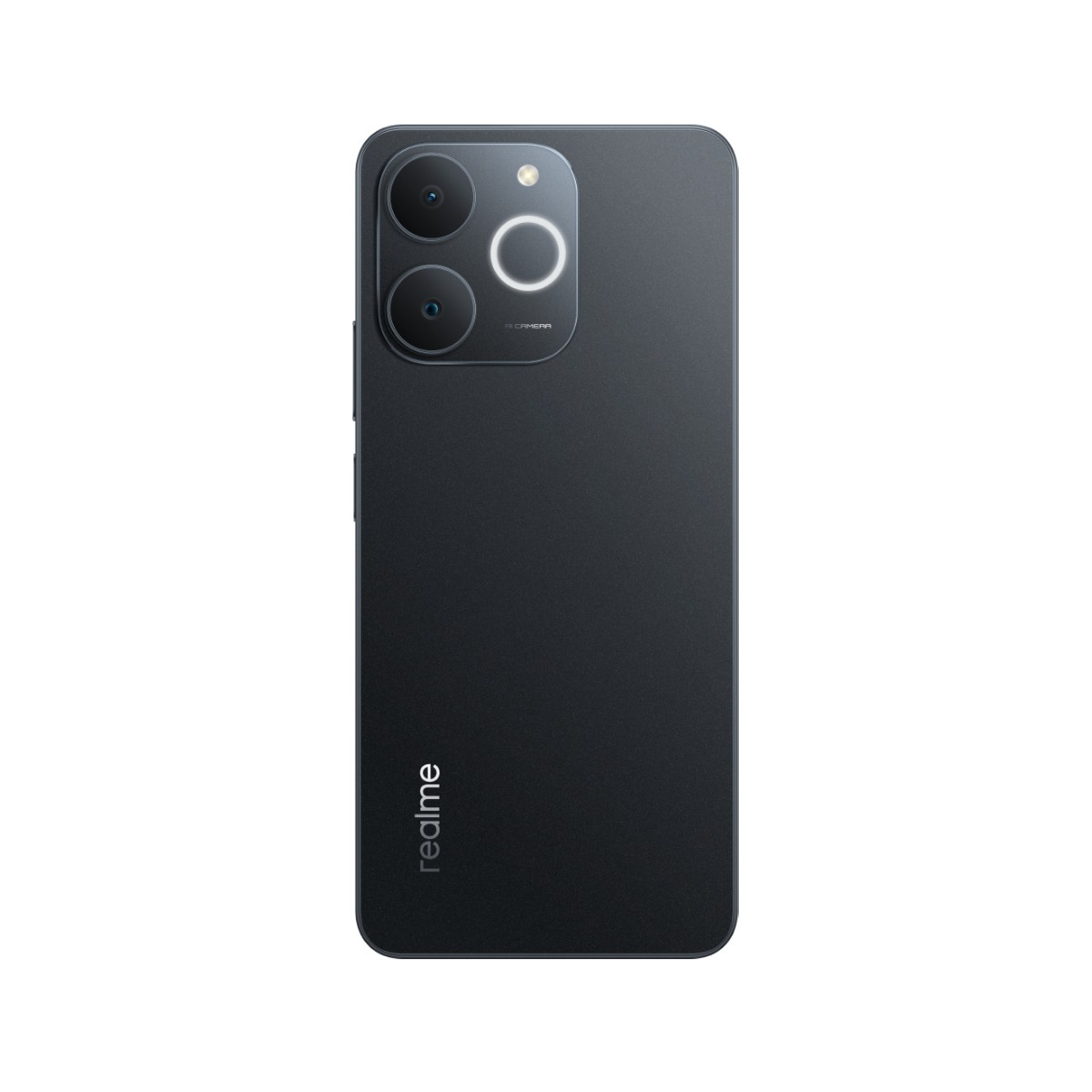 Retro smartphone grigio scuro con doppia fotocamera e logo 'realme'.