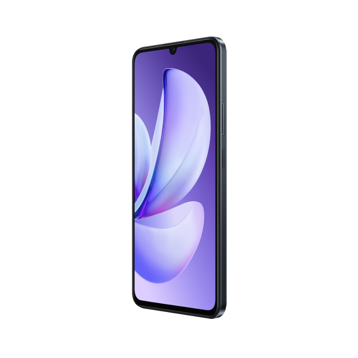 Uno smartphone grigio scuro con sfondo floreale viola mostrato angolato.