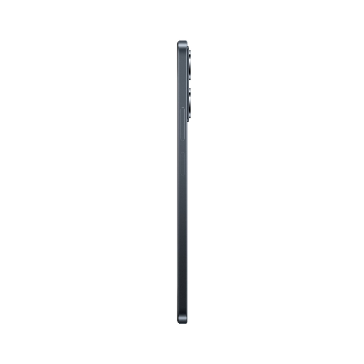 Smartphone grigio scuro di profilo su sfondo bianco. Tre fotocamere in alto a sinistra.