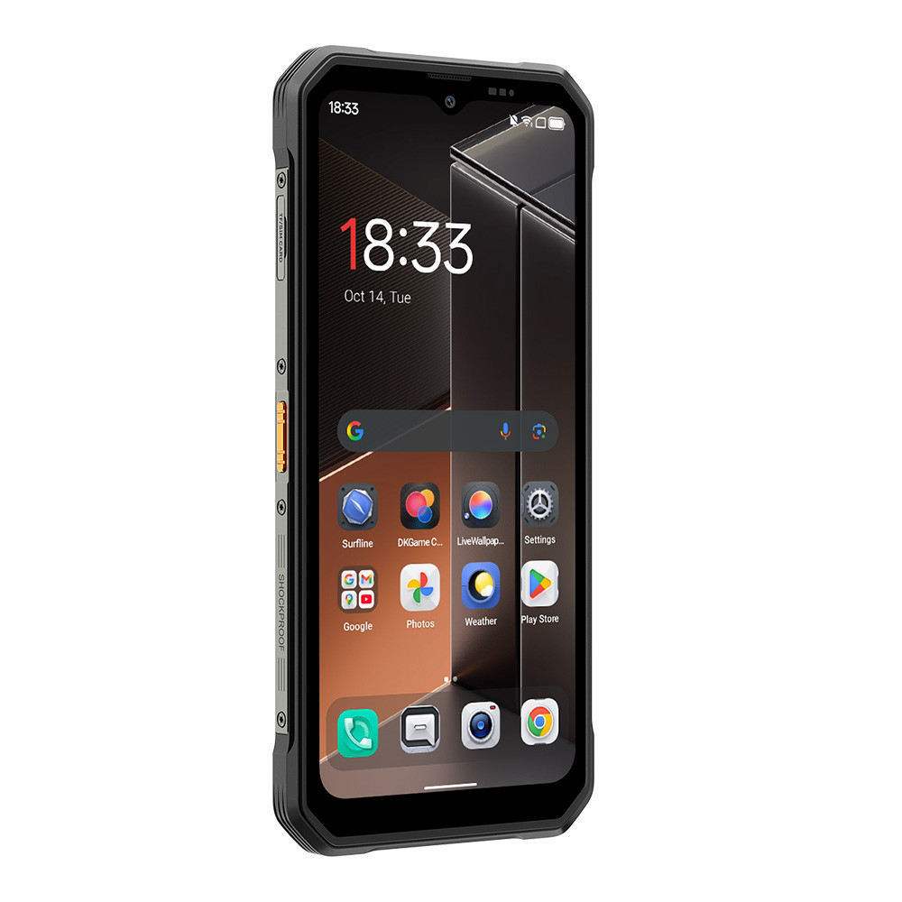 Uno smartphone nero e robusto mostra l'ora 18:33 e varie icone di app.