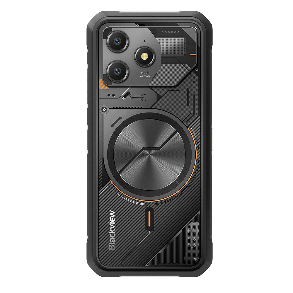 Smartphone nero robusto con tripla fotocamera e dettaglio accento circolare.