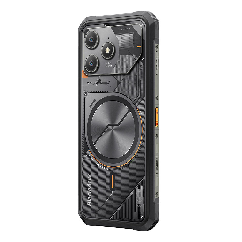 Robusto smartphone nero dal design accattivante, con fotocamere e cerchio nero.