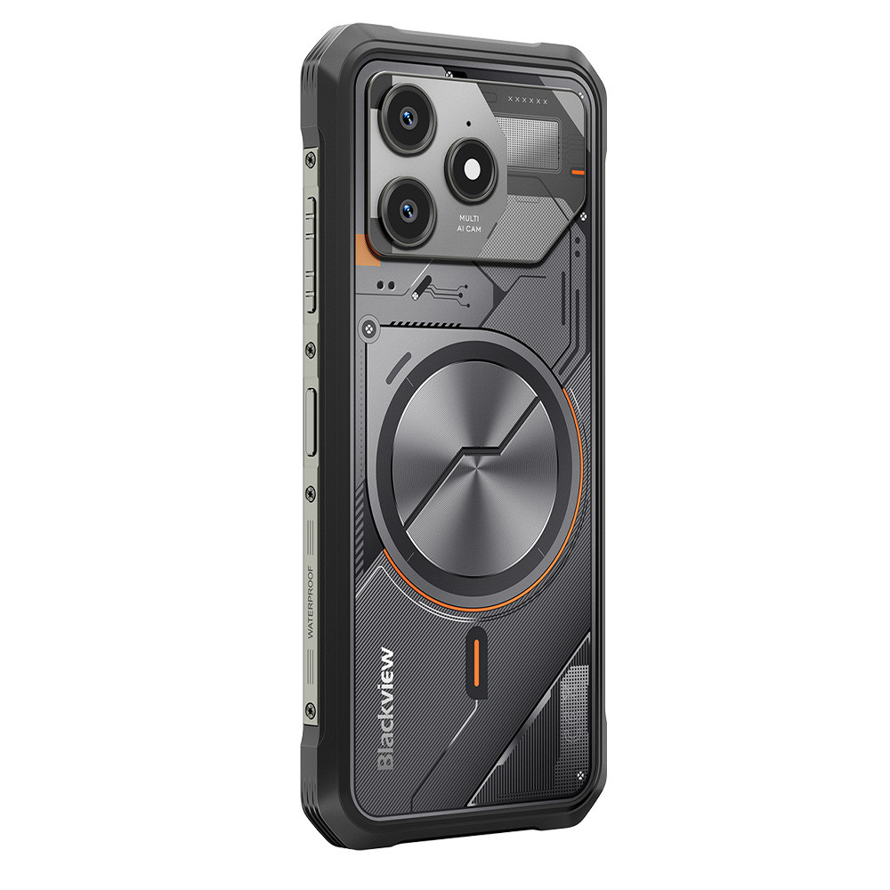 Smartphone robusto con modulo fotocamera multicolore ed elemento di design circolare.