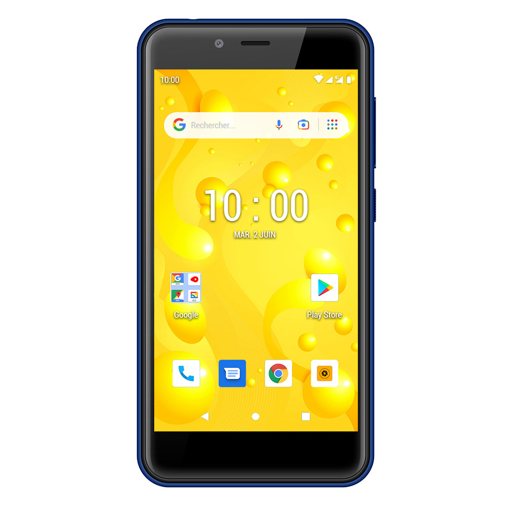 Uno smartphone con bordo blu e sfondo giallo a bolle.