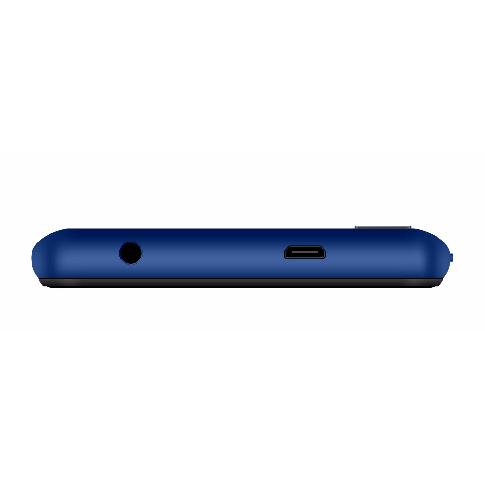 Vista dall'alto di uno smartphone blu con jack per cuffie e porta di ricarica.