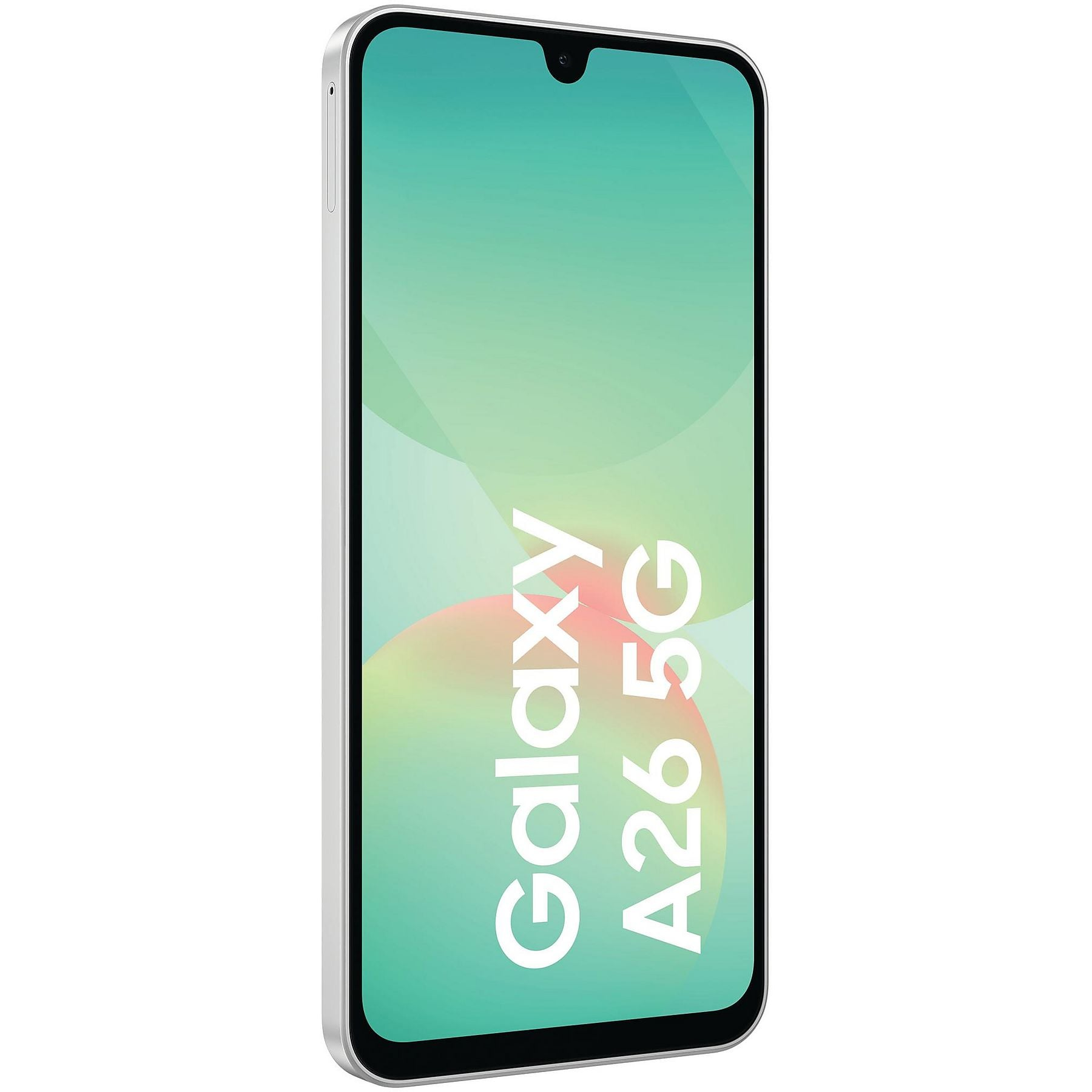 Uno smartphone Samsung Galaxy A26 5G argentato con schermo sfumato.