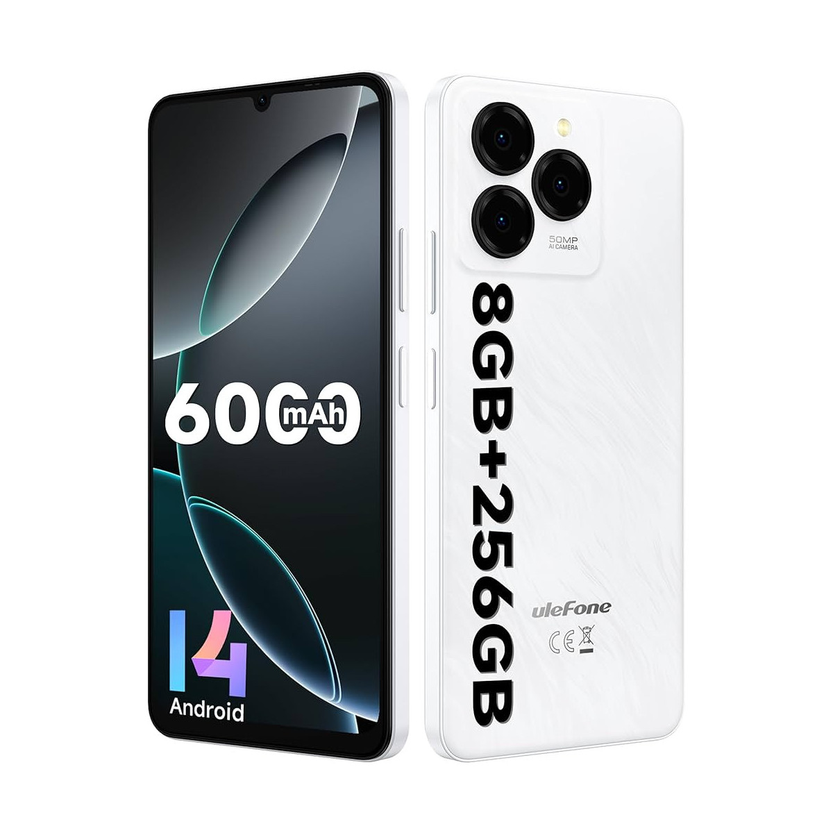 Uno smartphone Ulefone bianco con batteria da 6000mAh e memoria da 8GB+256GB.