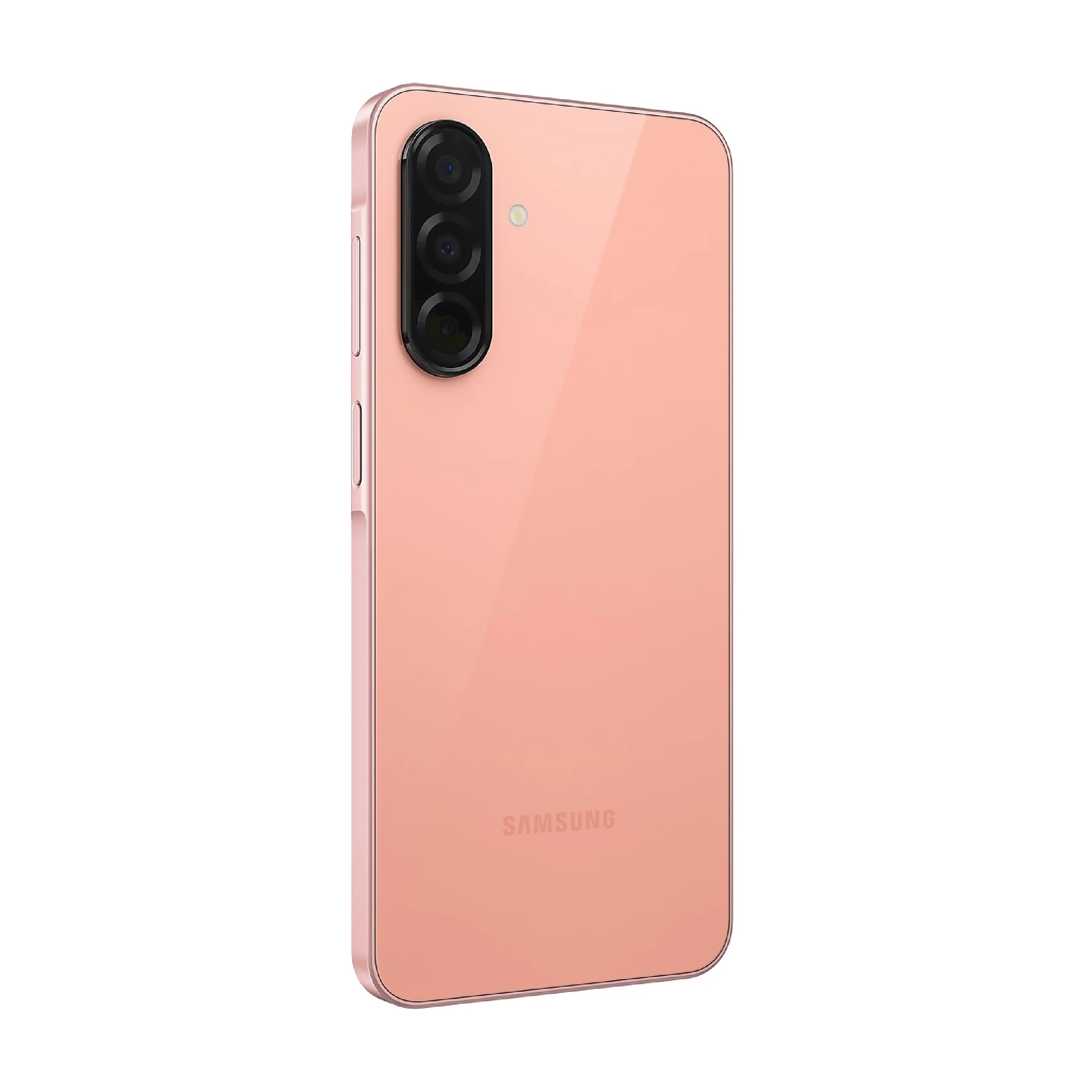 Retro di uno smartphone Samsung rosa con tre fotocamere e flash.