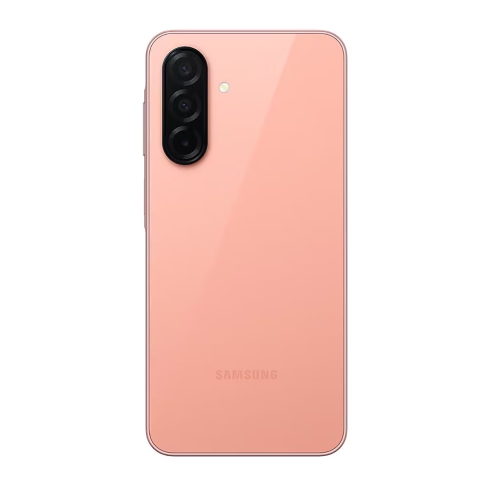 Retro smartphone color corallo con tre fotocamere e logo Samsung.