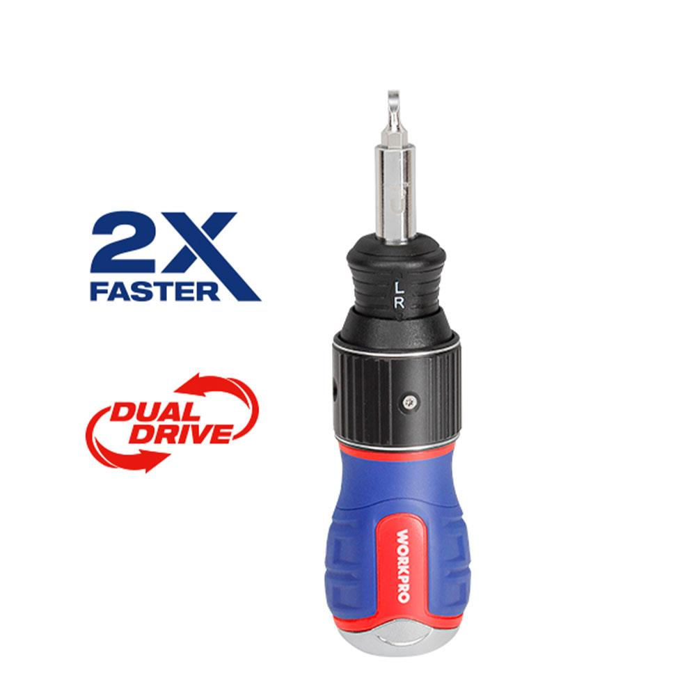 Mavi ve kırmızı tornavida "2X FASTER" ve "DUAL DRIVE" yazılı.