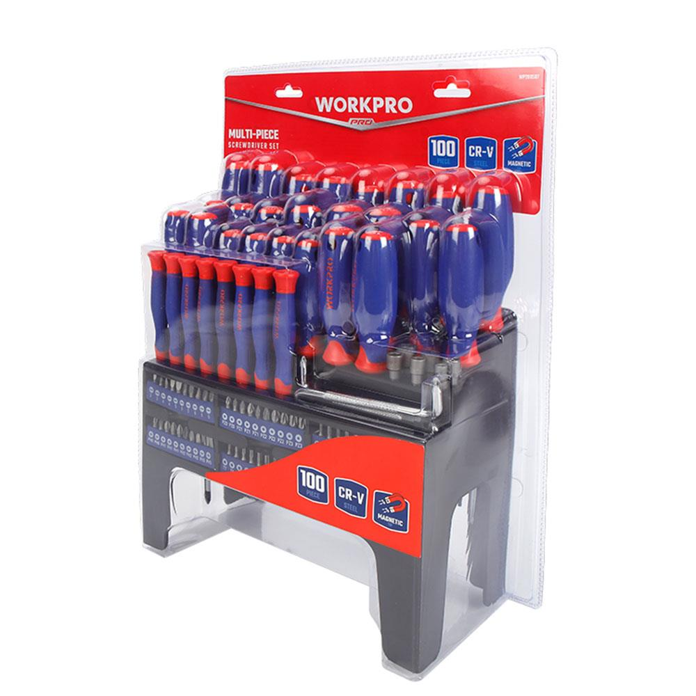 Mavi saplı ve kırmızı vurgulu WORKPRO 100 parçalık tornavida seti.