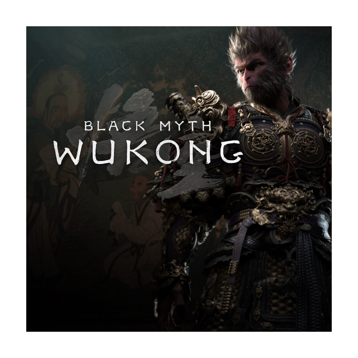 Wukong in armatura ornata, con testo "BLACK MYTH WUKONG" su sfondo scuro.