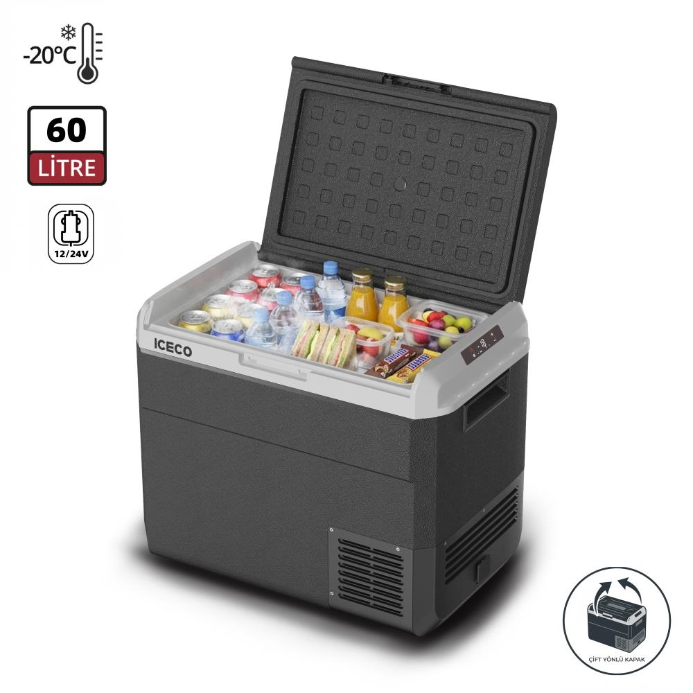 İçecekler, sandviçler ve meyvelerle dolu açık 60 litrelik bir soğutucu.