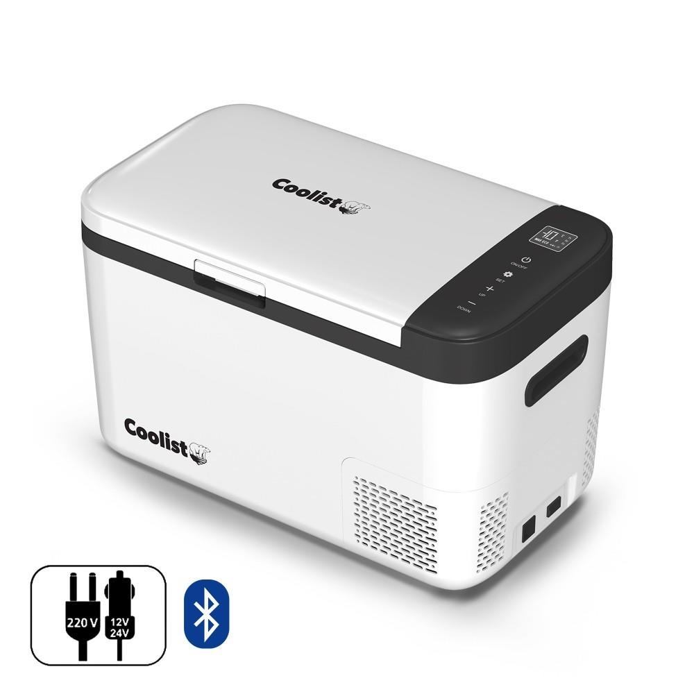 Siyah kapaklı ve kontrol panelli beyaz soğutucu kutu. 220V/12V/24V ve Bluetooth simgeleri gösterir.